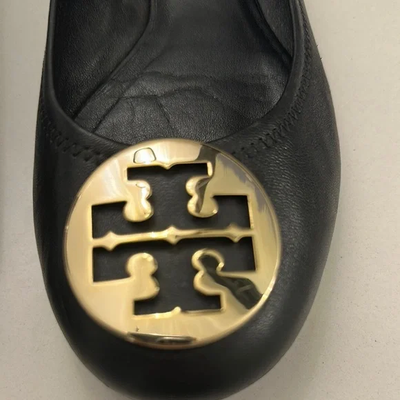 Tory Burch Black and Gold Leather Flats - Picture 6 of 9
